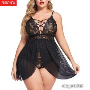 Plus Size Babydoll Lingerie Snap Crotch V Neck Lace Nighty Sleepwear